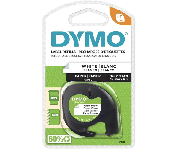 DYMO LetraTag Labeling Tape, Label Makers, Black Print on White Paper, 1/2