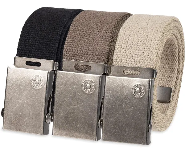 Levi's Unisex-Adult Casual Cut-To-Fit Web Belt Sets - 3 Pack Straps with 1 Interchangeable Buckle One Size Black/Olive/Khaki