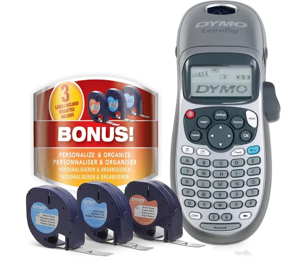 DYMO Label Maker with 3 Bonus Labeling Tapes | LetraTag 100H Handheld Label Maker & LT Label Tapes, Easy-to-Use, Great for Home & Office Organization Machine + 3 Tapes Maker