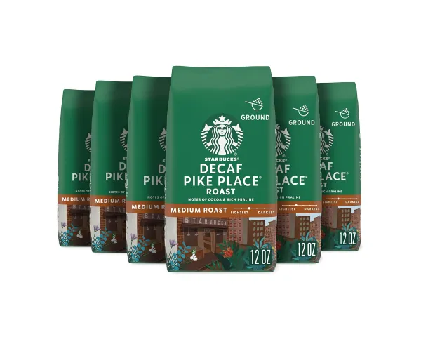 Starbucks Ground Coffeeâ€”Medium Roast Coffeeâ€”Decaf Pike Place Roastâ€”100% Arabicaâ€”6 bags (12 oz each) Decaf Pike Place 12 Ounce (Pack of 6)