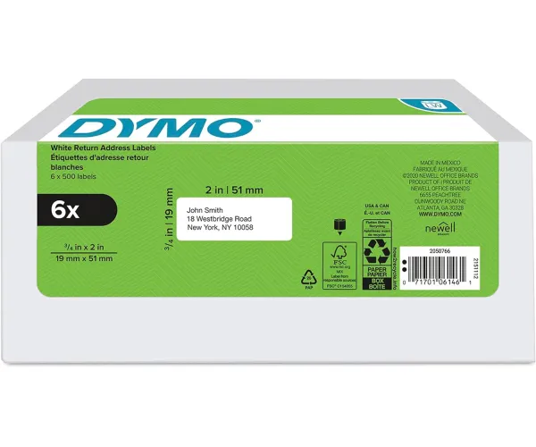 DYMO Authentic LW Return Address Labels for LabelWriter Label Printers, White, 3/4'' x 2'', 6 Rolls of 500 6 Rolls Return Address Labels