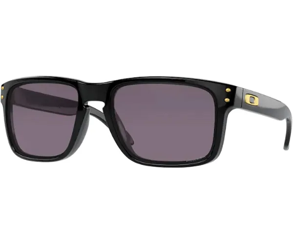 Oakley Men's Oo9244 Holbrook Low Bridge Fit Rectangular Sunglasses Polished Black Gold Logo/Prizm Grey 56 Millimeters