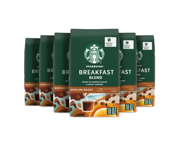 Starbucks Medium Roast Whole Bean Coffee — Breakfast Blend — 100% Arabica— 6 bags (18 oz. each) Breakfast 1.13 Pound (Pack of 6)