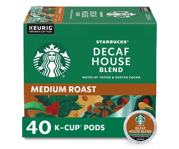 Starbucks Decaf K-Cup Coffee Pods, House Blend for Keurig Brewers, 1 box (40 pods) Decaf House 40 Count (Pack of 1)