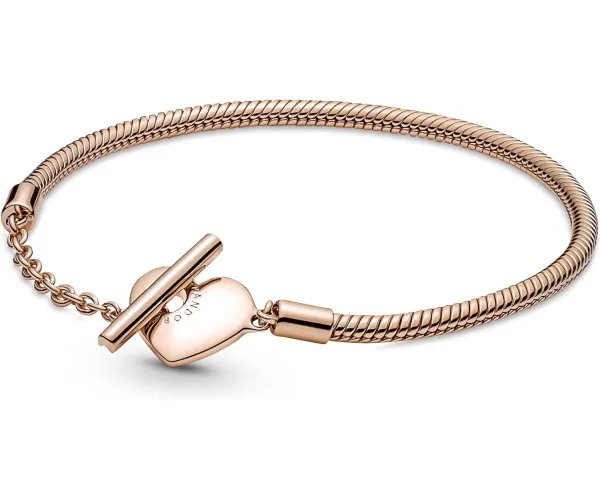 Pandora Moments Heart T-Bar Closure Snake Chain Bracelet - 14k Rose Gold Charm Bracelet for Women - Compatible Moments Charms - Features Rose - 16 cm
