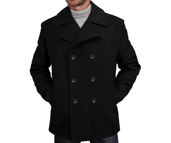 BGSD Men Mark Classic Wool Blend Pea Coat - Regular Big & Tall and Short Large Black