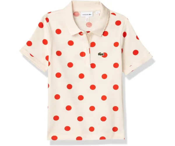 Lacoste Girls' Short Sleeve Polka Dot Pique Polo Shirt 2T Lychee/Lapland