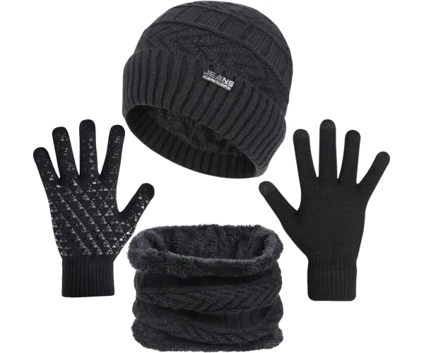 3-Pieces Winter Beanie Hats, Scarf and Touch Screen Gloves Set for Men and Women, Warm Knit Cap Set One Size A Black