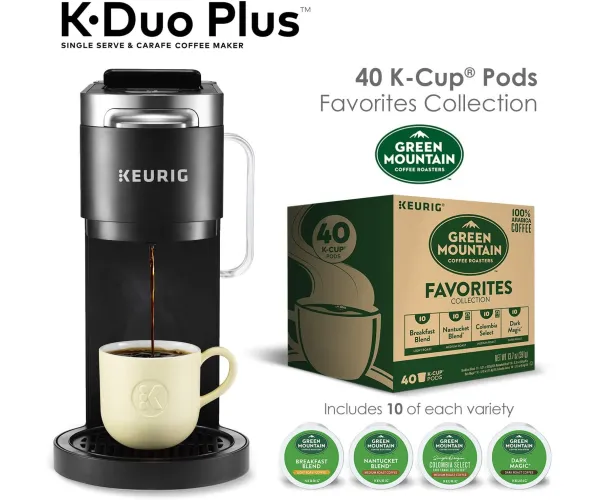 Keurig K-Duo Plus Coffee Maker, Single Serve K-Cup Pod and 12 Cup Carafe Brewer, with Green Mountain Favorites Collection K-Cup Pods, 40 count
