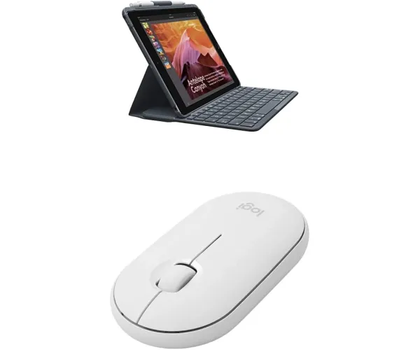 Logitech Slim Folio with Integrated Bluetooth Keyboard for iPad with Pebble i345 Wireless Bluetooth Mouse Tablet Keyboard + Mouse Off White