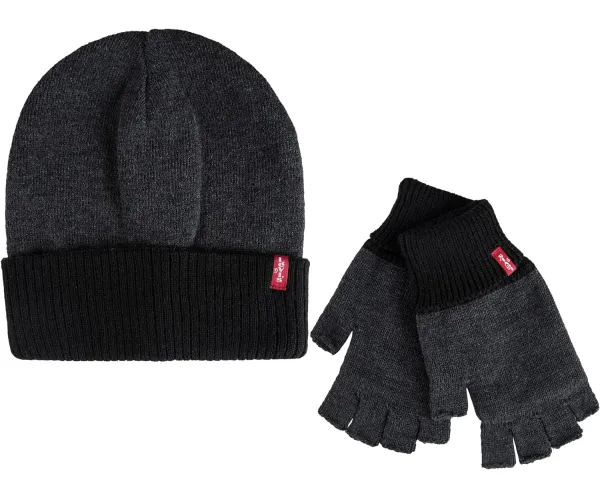 Levi's Men's Reversible Warm Winter Beanie with Fingerless Glove Set One Size Charcoal/Black