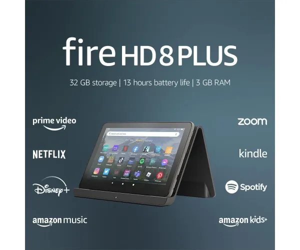 Amazon Fire HD 8 Plus tablet, 8” HD Display, 32 GB, 3GB RAM, 30% faster processor, and Made for Amazon Wireless Charging Dock, (2022 release), Gray 32 GB Lockscreen Ad-Supported Gray With Wireless Charging Dock