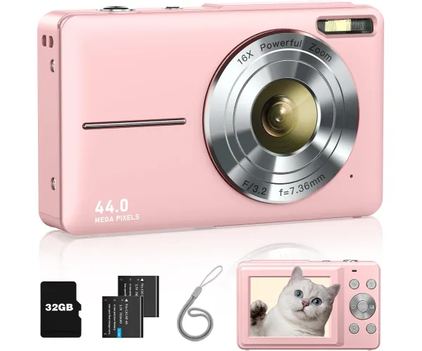 Lecran Digital Camera, FHD 1080P Kids Camera with 32GB Card, 2 Batteries, Lanyard, 16X Zoom Anti Shake, 44MP Compact Portable Small Point Shoot Camera Gift for Kid Student Children Teen Girl Boy(Pink)