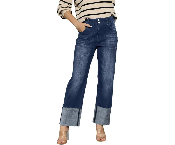 BWQ Jeans for Women High Waist Stretchy Straight Leg Mom Jeans Long Boyfriend Denim Jeans Small Dakr Blue