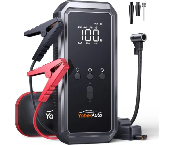 Portable Car Jump Starter with Air Compressor, YaberAuto 150PSI 3000A Car Battery Jump Starter (9.0 Gas/8.0L Diesel), 12V Jump Box Car Battery Jumper Starter with Large LCD Display, Lights
