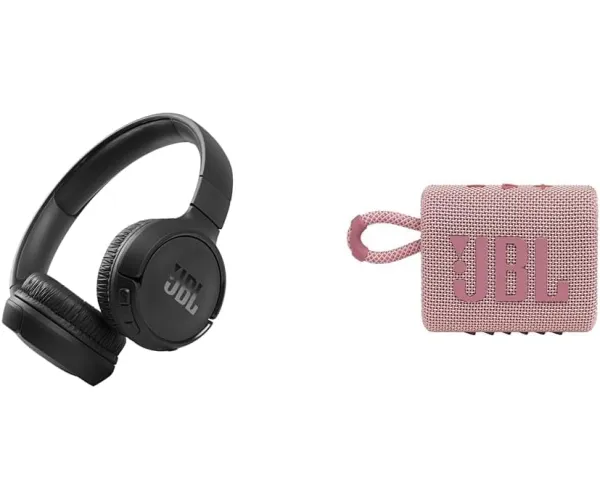 JBL Tune 510BT: Wireless On-Ear Headphones with Purebass Sound - Black & Go 3: Portable Speaker with Bluetooth, Built-in Battery, Waterproof and Dustproof Feature - Pink Black headphones + Speaker Pink